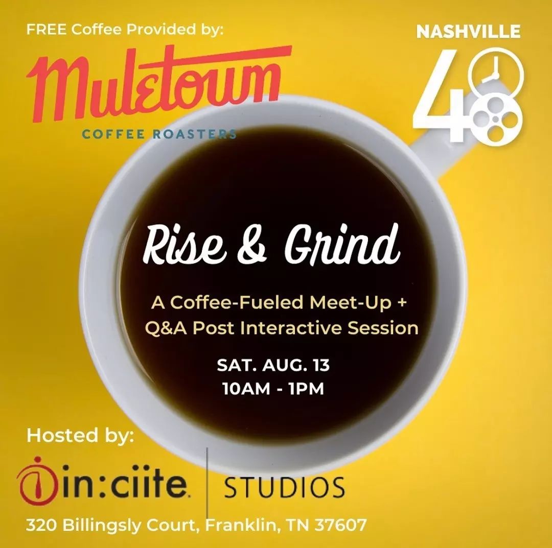 ☀️ ☕ Rise & Grind: a free event with @nashville48hfp 

Join the the @nashville48hfp for a  coffee fueled meet-up + Q&A post interactive session! 

📍 Location: @inciitestudios
(320 Billingsly Ct, Franklin, TN 37067)
⏰ Date/Time: Sat. August 13th | 10am-1pm CT

Sound and Coffee are two of the most important parts of a 48HFP, so we've decided to combine them into one amazing networking event. Come hang out with other filmmakers, take a tour of the new @inciitestudios , learn a few things about how to make your 48HFP sound amazing, all while sipping on FREE brews from @muletowncoffee ! 

Experiences will include:
​
✨ Studio A - Production Sound Showcase with Alonso Cacho - @cachoalonso
​
✨ Studio B - Experience Dolby Atmos! And get hands with a Q&A for Film Mixing with Andrew Mayer - @mayermadesound
​
✨ Studio E - BONUS!! Premiere Pro/Resolve Q&A with Ken Conrad - @kenjoec
 
This event is free and open to the public. You do not have to be registered to compete in order to attend.

RSVP: https://www.facebook.com/events/408752227879303