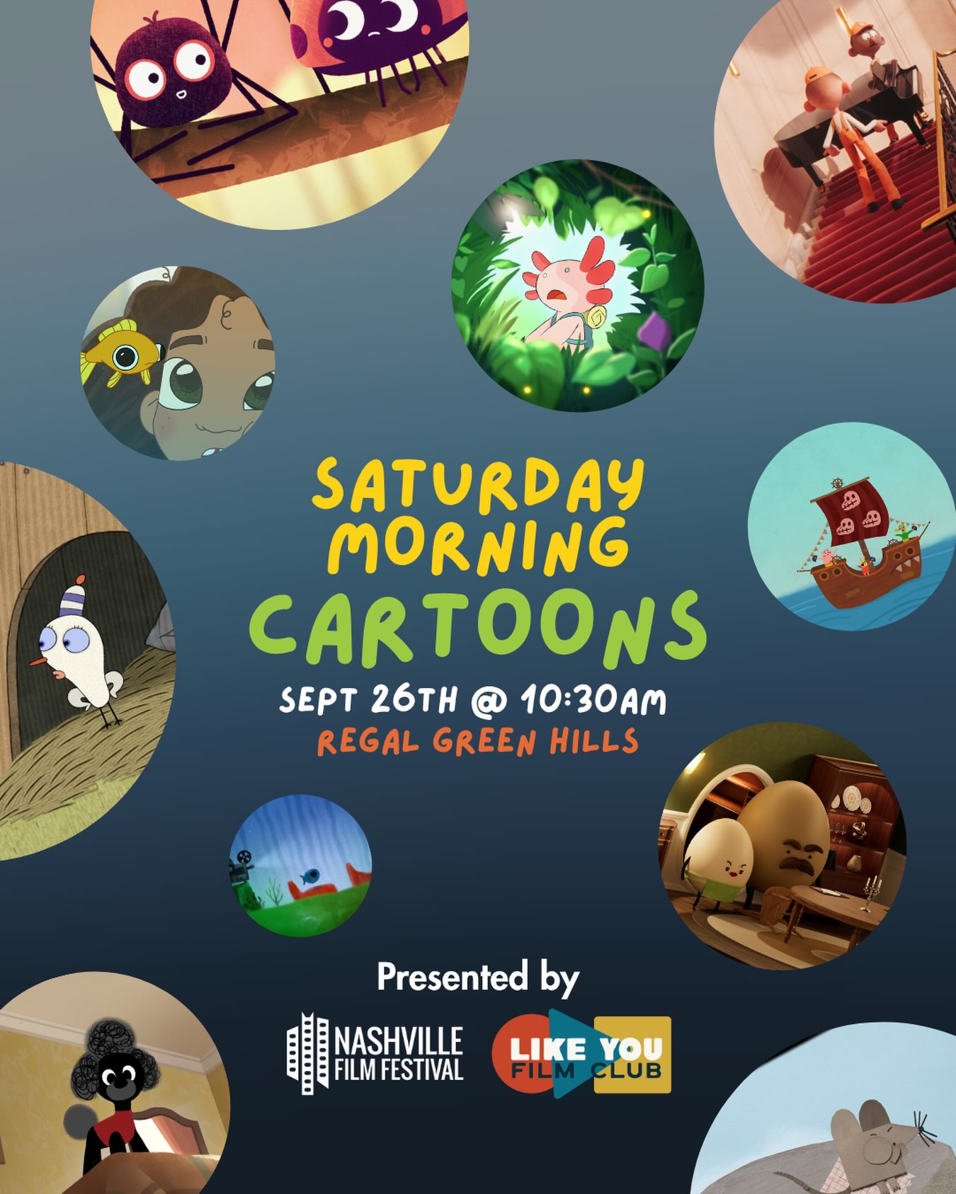 Saturday morning cartoons... but make it a trip to the movies. 🍿

Join us at 10:30 AM at Regal Green Hills for Saturday Morning Cartoons, in partnership with Like You Film Club. A selection of animated shorts made for the whole family and perfect for little (and big) budding film lovers.

Plus, more adventures @hookyentertainment with The Wingfeather Saga: Season 4, Episodes 1 & 2. @wingfeathersaga 

Grab your tickets NOW at nashfilm.org. ✨