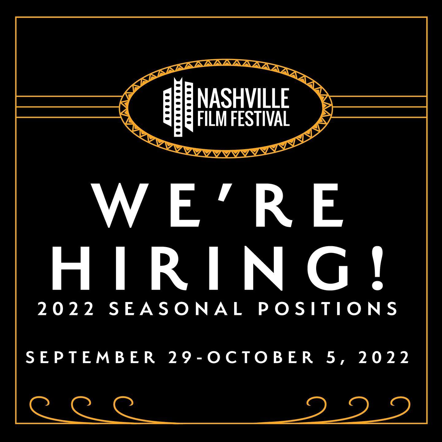 We’re hiring! Nashville Film Festival is currently seeking exceptional and motivated professionals to join our team for the 2022 season. This team will drive operational success, represent the NashFilm brand, and contribute to the overall mission of NashFilm’s nonprofit initiatives during 2022’s festival!
For job descriptions and to apply, visit the link in our bio!