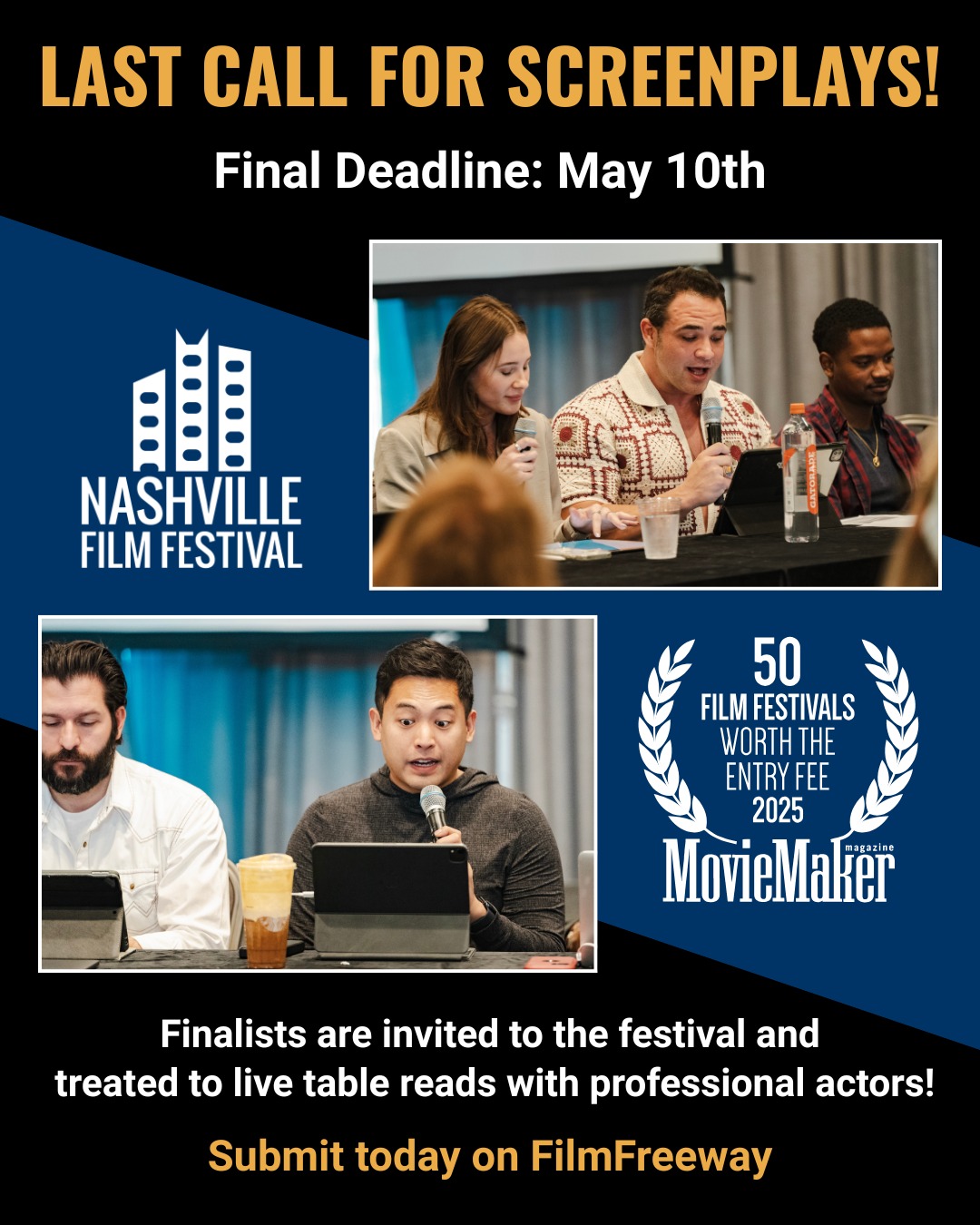 Last call for submissions to our Screenwriting Competition! Head to the link in our bio to submit on @filmfreeway 

#ScreenwritingCompetition #NashFilm57 #EntriesOpen