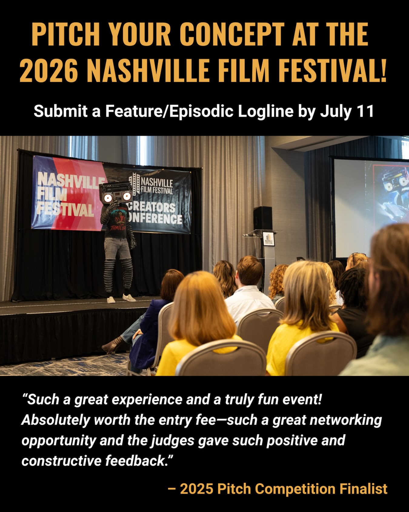 Our 2026 Pitch Competition submission deadline is approaching ⏳ 

Submit your logline by July 11th for a chance to pitch your feature or episodic concept to a panel of industry jurors and live audience at the 57th Nashville Film Festival on Saturday, September 26th. A cash prize of $500 will be awarded to the top pitch in both the episodic and feature categories.

Head to the link in our bio to submit today on @filmfreeway