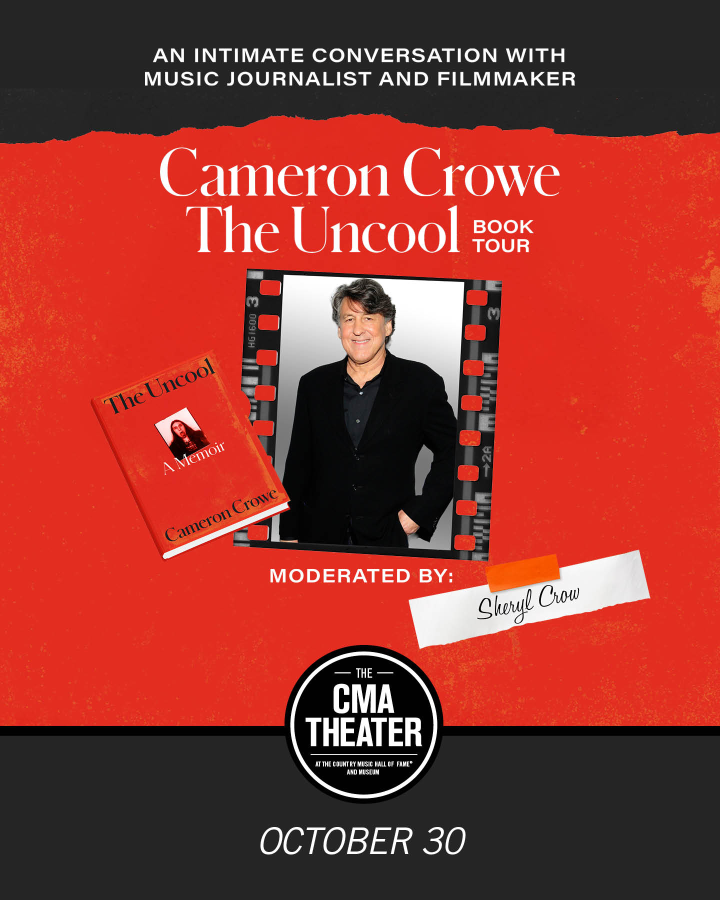 On sale now from our friends at the @CountryMusicHOF! @CameronBCrowe takes the @CMATheater stage Thursday, October 30, at 7:30 PM CT, for "The Uncool" Book Tour. The evening will be moderated by @SherylCrow.
 
For the first time ever, journalist and filmmaker Cameron Crowe will reveal the stories behind the stories, the unseen backstage moments, the raw handwritten notes, and the untold truths about music, family, and writing from the heart. Crowe’s long-awaited memoir "The Uncool" explores his formative years in rock & roll and brings to life stories that shaped a generation. From the creator of the films "Almost Famous," "Say Anything," and "Jerry Maguire," the memoir is a coming-of-age journey filled with unforgettable characters and offers a front-row ticket to the 1970s, a golden era for music and art when rock was young.
 
Buy tickets at the link in @CMATheater’s bio.