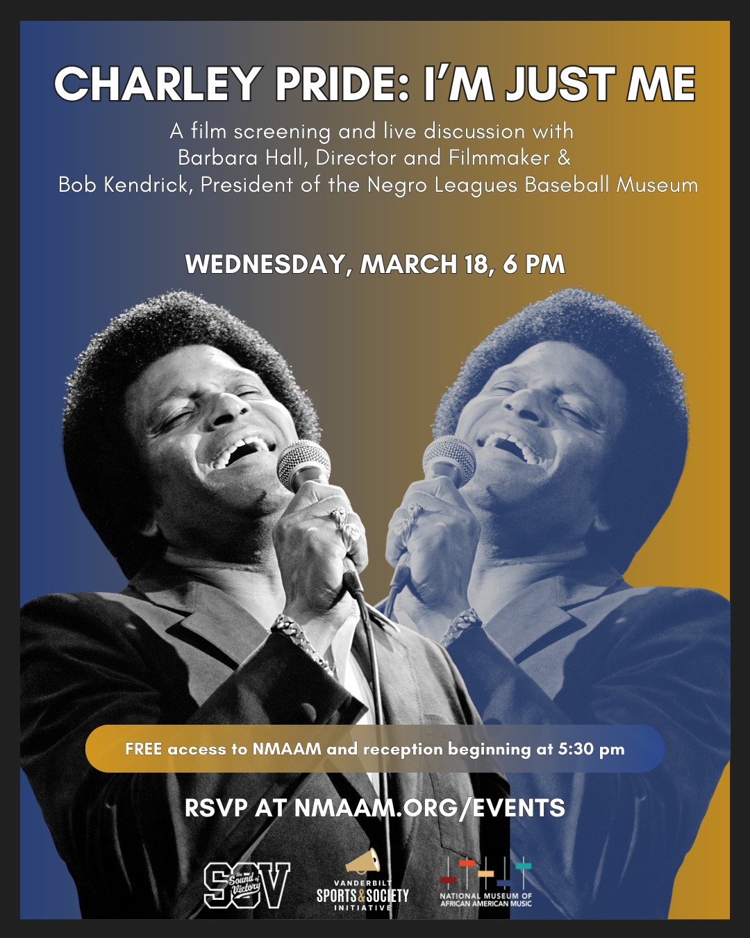 Join our friends at @thenmaam to honor legendary Country Music Hall of Fame artist Charley Pride on what would have been Pride’s 92nd birthday in a special evening celebrating his musical and sporting legacies. 

The event will include a screening of Charley Pride: I’m Just Me, an insightful documentary that traces Pride’s distinctive life and career, followed by a live discussion and Q&A with the film’s director Barbara Hall and Bob Kendrick, President of the National Negro Leagues Baseball Museum.

For more information and to RSVP, visit nmaam.org/events