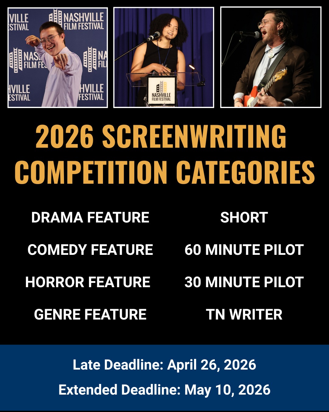 Did you know our Screenwriting Competition has 8 categories, including a special competition that honors an outstanding script from a Tennessee writer?! Plus, finalists are invited to the festival and treated to a table read scene from their screenplay performed by a cast of professional actors.

There's still time to submit your script on @filmfreeway and be a part of #NashFilm57 ✨
