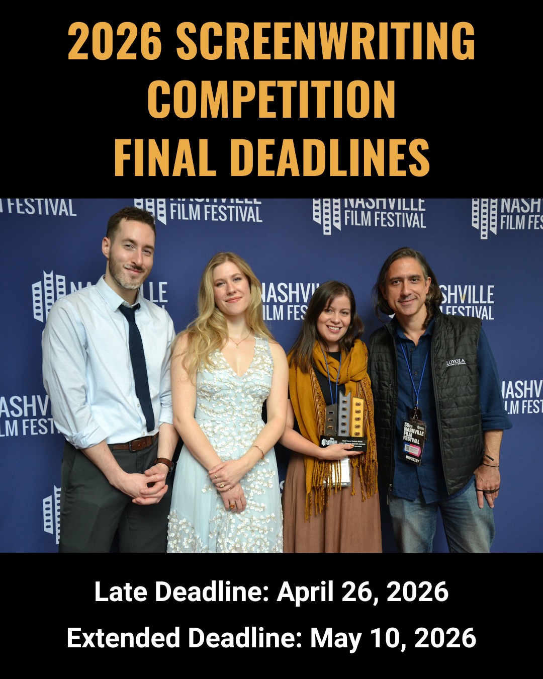 Final deadlines for our 2026 Screenwriting Competition are approaching! Submit today on @filmfreeway to be a part of #NashFilm57 ✨