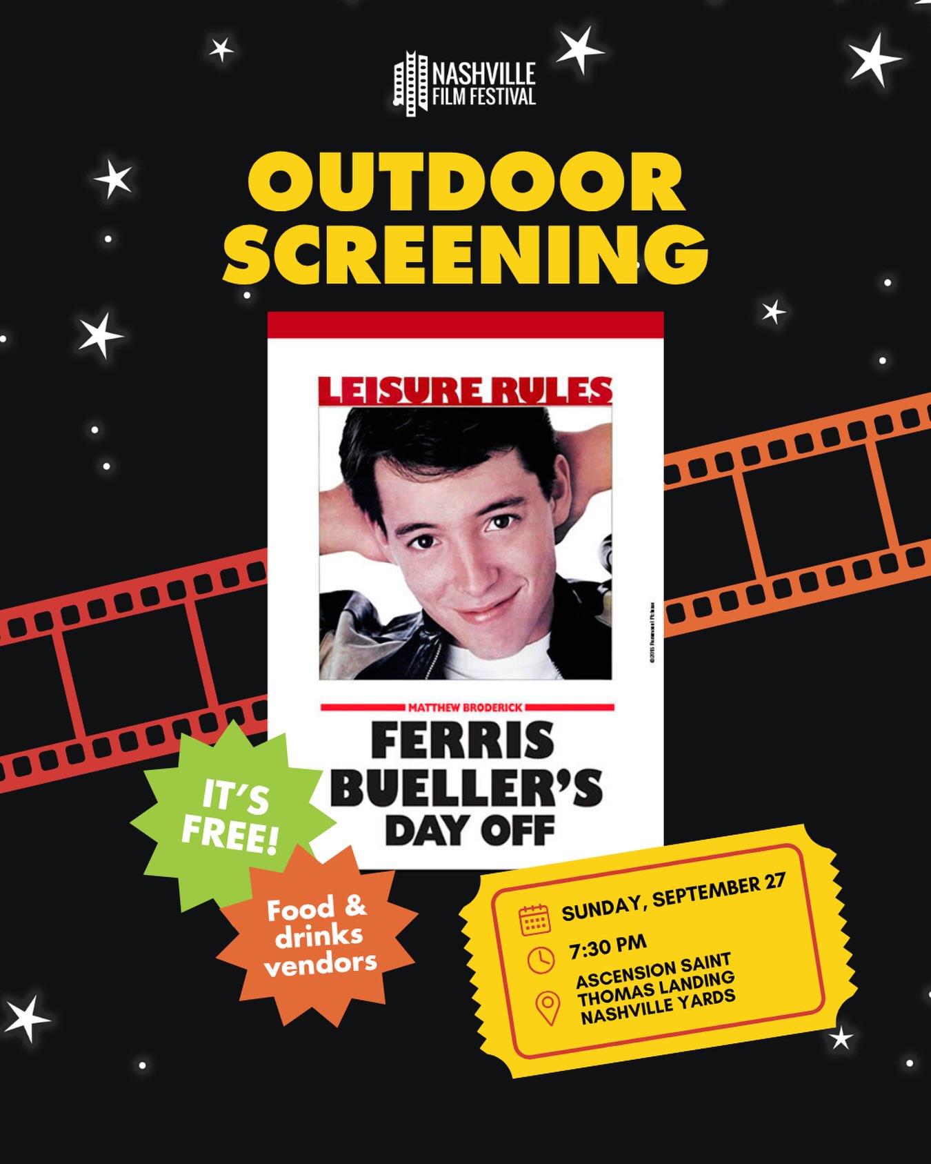 Life moves pretty fast… so don’t miss this!
In celebration of the film’s 40th anniversary, join us for a FREE outdoor screening of Ferris Bueller’s Day Off at Nashville Yards! 

🎶 Arrive early to enjoy tunes from @wnxpnashville

🕢 Sunday, September 27 @ 7:30 PM
📍 Ascension Saint Thomas Landing at Nashville Yards
🎟️ Free admission - RSVP via link in bio.
🍔 Food & beverages available for purchase from the yellow and red containers

🚗 Parking: Convenient parking is available in the West Garage located at 131 10th Ave N, Nashville, TN 37203. Additional parking can be found at 10th & Commerce (917 Commerce St)

#NashFilm57