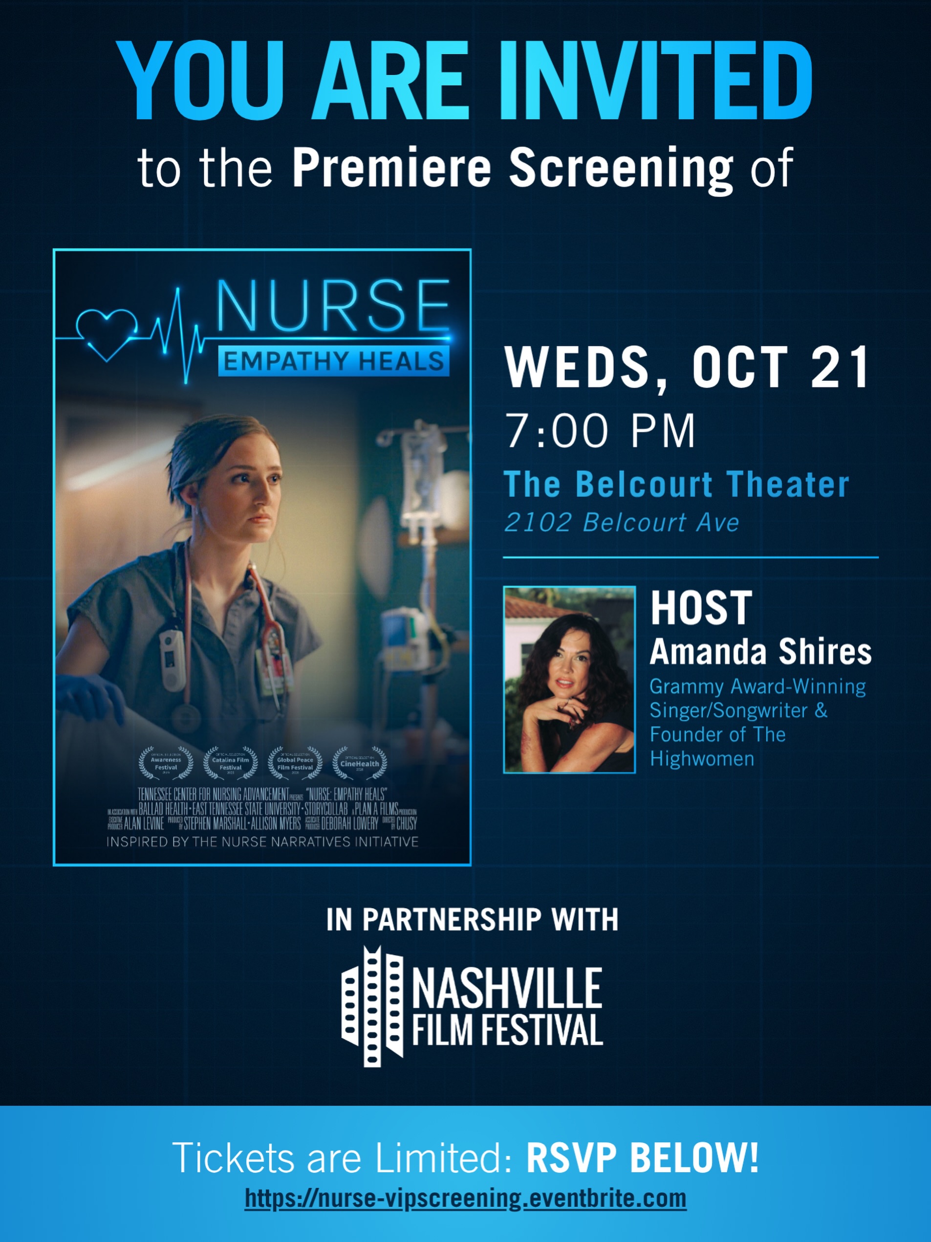 We’re proud to partner on the premiere of NURSE: EMPATHY HEALS on Wednesday, October 21st at the Belcourt Theatre. Join us for a screening of this powerful documentary followed by a Q&A with the director and film subjects. 

Brought to you by the East Tennessee State University College of Nursing, NURSE: EMPATHY HEALS reveals the emotional challenges nurses face on a daily basis when caring for their patients. This courageous documentary reveals nurses’ stories of compassion and empathy, the grief that doesn’t disappear, and the catharsis that comes from being heard. 

The event will be hosted by @amandapearlshires , Grammy Award-winning artist and founder of The Highwomen.

RSVP at the link in our bio.