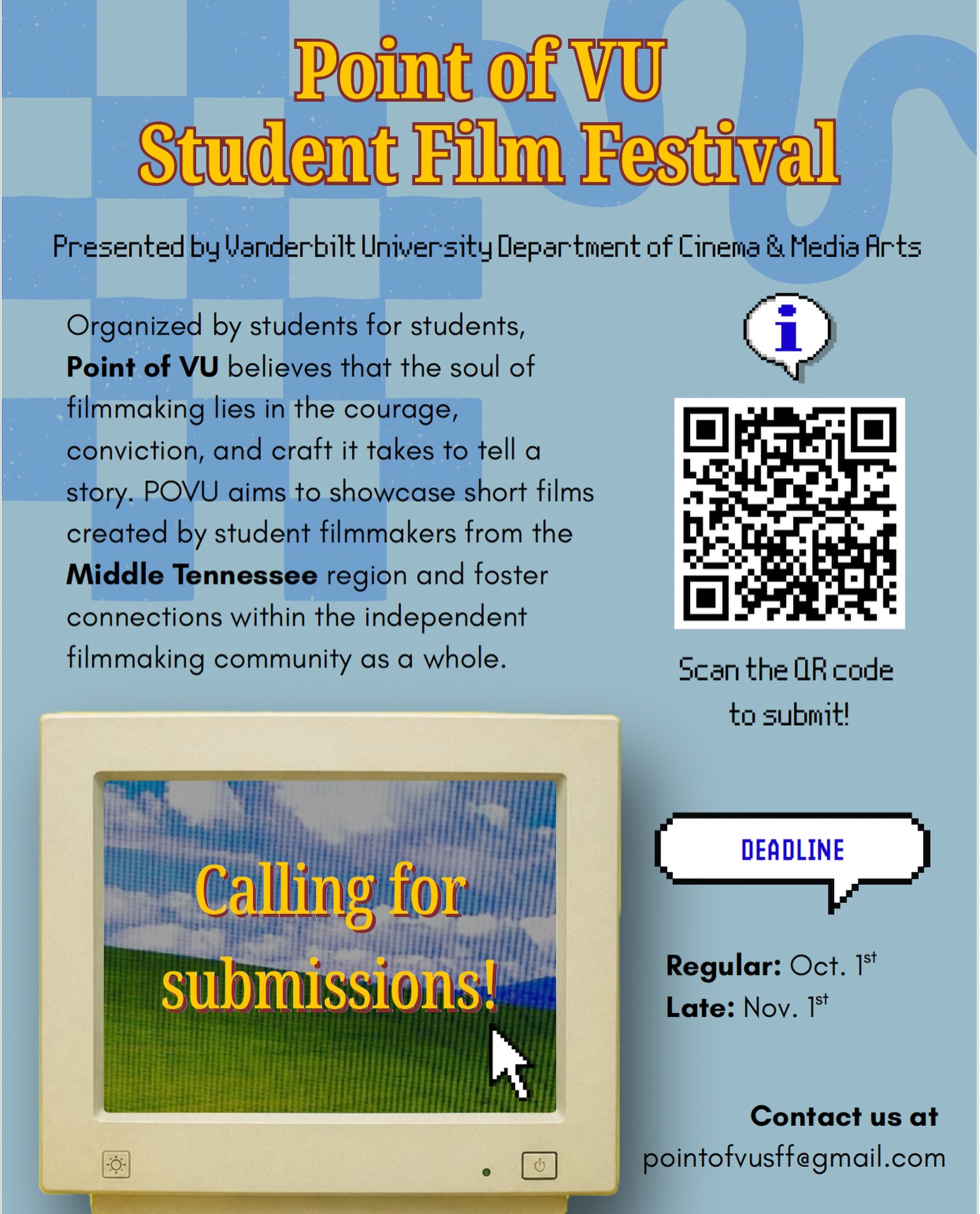Calling all Middle Tennessee college students 📣 Submit your short films to the @pointofvusff presented by @vandycma 

Late Deadline: November 1
Event Date: February 20, 2027
